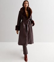 New Look Dark Brown Leather-Look Faux Fur Trim Coat